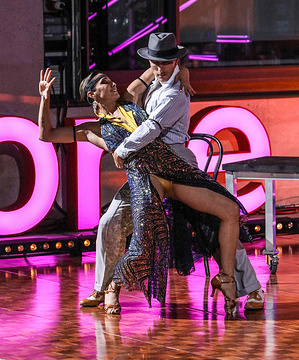 Karen Hauer and Gorka Marquez from Strictly Come Dancing seen performing on The One Show outside the BBC in London.