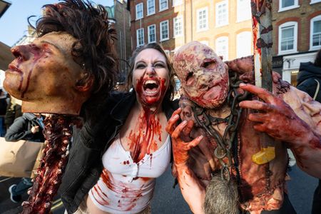 Participants dressed as zombies pose during the World Zombie Day in London. Participants dressed as zombies took part in World Zombie Day in London, an annual walk through central London celebrating horror culture, creativity and community.