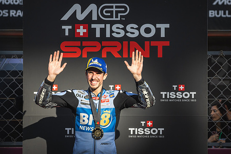 Alex Marquez of Spain and BK8 Gresini Racing MotoGP celebrates first place in the MotoGP Tissot Sprint race, for the Qatar Airways Grand Prix of Portugal, at the Algarve International Circuit.