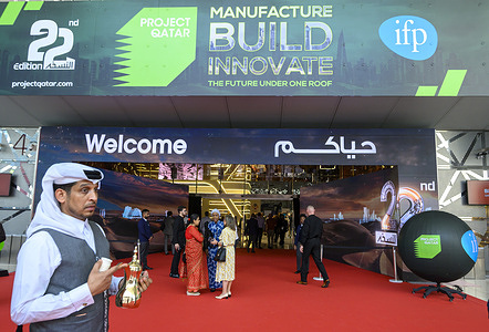 Visitors seen during the 22nd edition of Project Qatar at the Doha Exhibition and Convention Center (DECC) in Doha. The exhibition showcases innovations and sustainable solutions from the construction, building materials, and technology sectors.