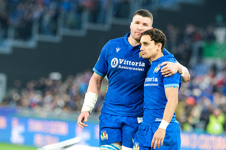 Sebastian Negri and Ange Capuozzo of Italy during the Guinness Men's Six Nations 2025, match between Italy and France at the Stadio Olimpico in Rome. Match between Italy vs France of the Guinness Men's Six Nations 2025 in Rome (Italy). France wins against Italy with a score of 24 - 73.