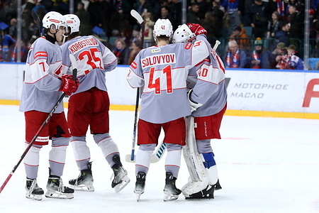 Maxim Filimonov (7), Dmitry Solovyov (41) and Alexander Georgiyev (40) of Spartak Hockey Club seen in action during the Hockey match, Kontinental Hockey League 2025/2026 between SKA Saint Petersburg and Spartak Moscow at the Ice Sports Palace. (Final score; SKA Saint Petersburg 1:2 Spartak Moscow).