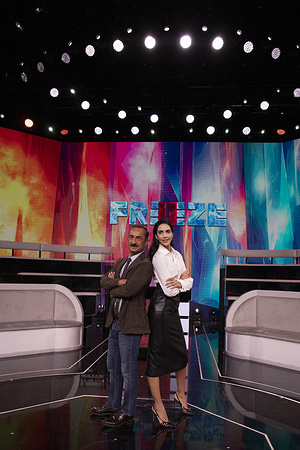 Nicola Savino and Rocío Muñoz Morales seen during the photocall of the Rai tv show Freeze.