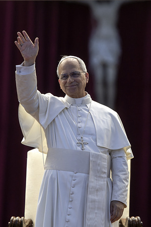 Pope Leo XIV waves at the end of the Pentecost vigil in St. Peter's Square at the Vatican.