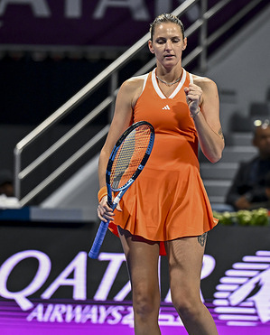 Karolina Pliskova of the Czech Republic reacts during her round of 32 match against Amanda Anisimova of the United States (not pictured) at the WTA Qatar TotalEnergies Open 2026 tennis tournament at the Khalifa International Tennis Complex. Karolina Pliskova won the match after Amanda Anisimova retired, with the score 7-5, 6-7, 4-1.