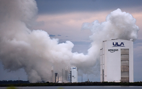 An exhaust plume lingers over Launch Complex 41 at Cape Canaveral Space Force Station following the launch of a United Launch Alliance (ULA) Atlas V rocket carrying 29 Amazon Kuiper broadband internet satellites. The mission marked the seventh batch of Amazon satellites placed into orbit by ULA.