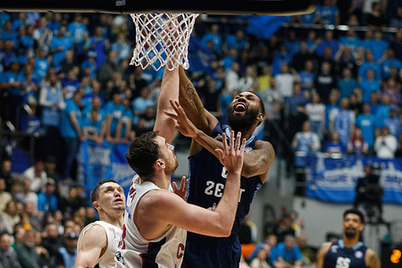 Nikola Milutinov (L) of CSKA and Eric Buckner (R) of Zenit seen in action during the fourth match final of the VTB United League basketball match between Zenit and CSKA at Sibur Arena. 
Final score; Zenit Saint Petersburg 110:111 CSKA Moscow.
