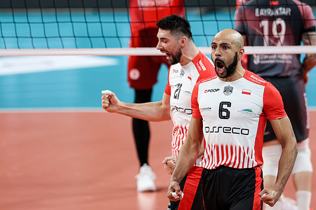 Karol Butryn of Asseco Resovia (L) and Danny Demyanenko of Asseco Resovia (R) celebrate after winning a point during the CEV Volleyball Champions League 2025/2026 Volleyball match between Asseco Resovia and Ziraata Bankasi at Municipal hall. Final score; Asseco Resovia 0:3 (21:25, 23:25, 20:25). Ziraata Bankasi.