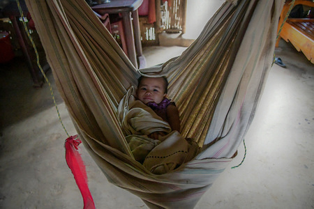 A Reyang baby seen sleeping on a hammock in Kanchanpur refugee camp, 200 km far from Agartala.
35,000 people of Reang also called Bru in Kanchanpur refugee camp, fled here due to severe ethnic clashes between two communities of Reang and Mizo in Mizoram that left them Internally Displaced People (IDP). The state government of Tripura and Mizo wants them to be repatriated since their presence is causing unemployment pressure, they have announced some facilities but the Reang people are not satisfied with the facilities and they are getting ready for a protest.