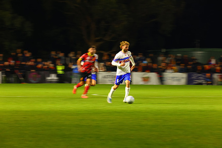 Zane Schreiber of Newcastle Jets FC seen in action during the Hahn Australia Cup Round of 32 match between Preston Lions FC and Newcastle Jets FC at Genis Steel Stadium. Preston Lions FC won 3:2