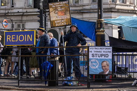 An activist poses with his placard during the protest. A handful of pro-EU activists gathered by the Parliament Square for their annual demonstration to demand from the British government to rejoin the European Union.