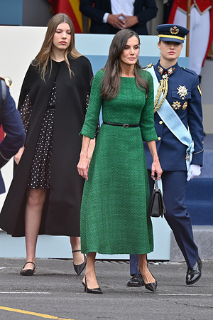 Princess Sofia, Princess Leonor and Queen Letizia attend the solemn national and military parade for Dia de la Hispanidad at the Plaza de Neptuno. The events begin with the raising of the flag and are followed by a tribute to those who gave their lives for the country. Afterwards, the air and ground military parades begin. In total 3,847 troops from the Armed Forces, the State Security Forces, Corps and other State institutions will take part in the parade together with 229 horses, 6 dogs, 45 airplanes and 29 helicopters.