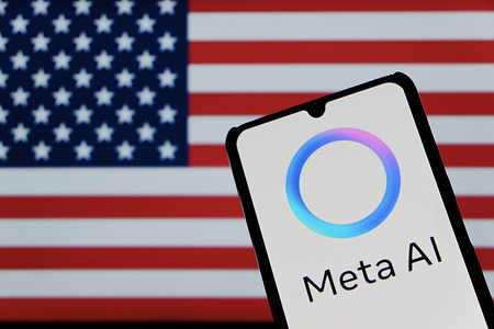 In this photo illustration, the Meta logo is displayed on a smartphone screen with the American flag in the background.