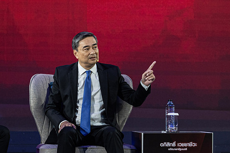 Thailand's former Prime Minister Abhisit Vejjajiva seen speaking at a conference organized by a media organization. Abhisit Vejjajiva is a Thai politician who was the 27th prime minister of Thailand from 2008 to 2011. He was the leader of the Democrat Party from 2005 until he resigned following the party's weak performance in the 2019 election.