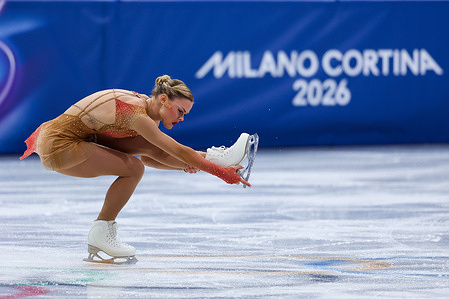 Loena Hendrickx of Belgium competes during the Figure Skating Women Single Skating - Free Skating of the Milano Cortina 2026 Winter Olympics at Milano Ice Skating Arena in Milan.