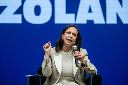 Venezuelan opposition leader and 2025 Nobel Peace Prize laureate MarÌa Corina Machado seen during a press conference in Madrid.