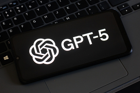 In this photo illustration, the Chat GPT-5 logo is seen displayed on a smartphone screen.