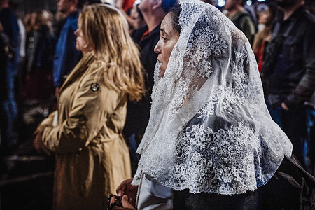 A lady with a veil (veletta) seen praying at the square. Following the burial of Pope Francis, who died on Monday, 21 April 2025 at the age of 88, people held a rosary prayer at St. Mary Major Basilica (Santa Maria Maggiore) in the center of Rome.