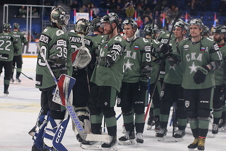 Pavel Moisevich (39), Mikhail Grigorenko (25), Ivan Demidov of SKA Hockey Club seen in action during the Hockey match, Kontinental Hockey League 2024/2025 between SKA Saint Petersburg and Kunlun Red Star at the SKA Arena. (Final score; SKA Saint Petersburg 4:6 Kunlun Red Star)