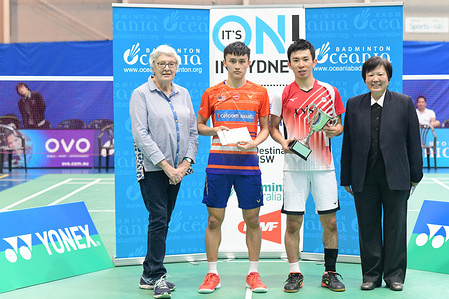 Yusuke Onodera (Japan) seen during the Men's Single medal awarding ceremony of the 2019 Sydney International, Onodera won the Finals match against Lim Chong King (Malaysia) 21-8, 21-15. Left to right: Australian Olympic Committee President Helen Brownlee, Lim Chong King, Yusuke Onodera, Badminton NSW President Carolyn Toh.
