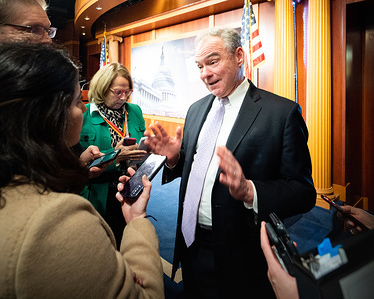 WASHINGTON, UNITED STATES - JANUARY 29 2020: U.S. Senator Tim Kaine (D-VA) discussing the Senate impeachment trial.