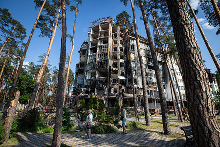 An apartment building destroyed by Russian artillery. The town of Irpin suffered greatly during the fighting between the Russian and Ukrainian armies. Russia invaded Ukraine on February 24, 2022.
