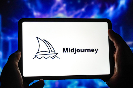 In this photo illustration, the Midjourney logo is displayed on the screen of a smart tablet.