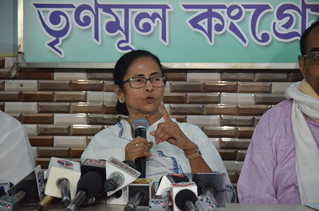 West Bengal Chief Minister Mamata Banerjee speaks during a Press Conference at All India Trinamool Congress Bhawan in Topsia.