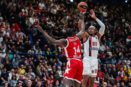Chima Moneke #95 of Baskonia Vitoria-Gasteiz (R) seen in action with Ismael Kamagate #14 of EA7 Emporio Armani Milan (L) during Turkish Airlines EuroLeague 2023/24 Regular Season Round 17 game between EA7 Emporio Armani Milan and Baskonia Vitoria-Gasteiz at Mediolanum Forum, Milan. FINAL SCORE : EA7 Milan 76 : 67 Baskonia