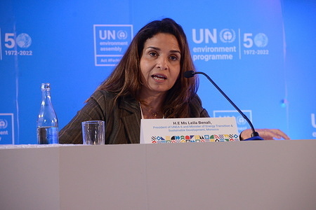 Newly elected UNEA-6 president Leila Benali speaks during a news conference at the United Nations headquarters in Gigiri.