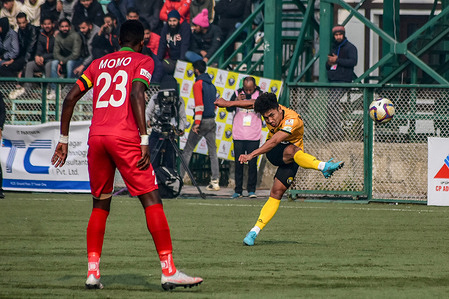 Lalnuntluanga Bawitlung (R) of Real Kashmir seen in action during the I-League match between Real Kashmir and Churchill Brothers at TRC ground in Srinagar.( FInal Score:- Real Kashmir FC 1-0 Churchill Brothers )