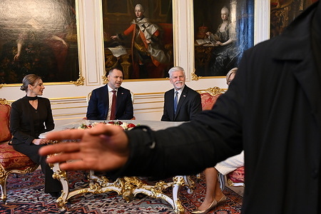 Wife of Polish president Marta Nawrocka, Polish President Karol Nawrocki and Czech President Petr Pavel (from left to right) seen during a meeting at Prague Castle. Polish President Karol Nawrocki and his wife Marta Nawrocka visit the Czech Republic and met with the Czech President Petr Pavel and his wife Eva Pavlova.