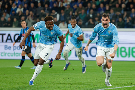 Alessio Romagnoli of SS Lazio celebrates with Fisayo Dele-Bashiru of SS Lazio after scoring a goal in the 84th minute for 0-1 during the Italian Serie A soccer match Atalanta BC vs SS Lazio at New Balance Arena Stadium.
Final score Atalanta BC 1:2 SS Lazio
