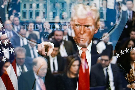 (EDITOR'S NOTE: This image has been created by shooting a TV screen using multiple exposure in the camera) 
In this photo illustration, shows the United States President Donald Trump giving a speech at the White House. US President Donald Trump told reporters at the White House that he sees "no chance" that Russia will agree to Ukraine joining NATO. Russian and US Presidents Vladimir Putin and Donald Trump spoke by phone on February 12. It was the presidents' first official contact since Trump returned to the White House. Both sides instructed their teams to begin negotiations "immediately" to end the conflict in Ukraine.