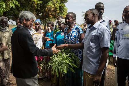 Judge O-Gon Kwon, president of the Assembly of State Parties to the ICC, meets beneficiaries of the Trust Fund for Victims in Awach.