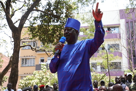 Azimio la Umoja party leader Raila Odinga speaks during the Azimio national prayer rally at Jevanjee Garden. The former prime minister has said that he will lead mass action in 14 days if their demands which include lowering the cost of living are not met by President William Ruto's government.