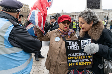 Pro-Israel counter protesters demonstrate in Trafalgar Square while pro-Palestine protesters march by. Protesters assembled at Green Park in London and marched to Whitehall for the National Demonstration for Palestine, calling for an end to Israel’s occupation, apartheid and military aggression, and urging the UK to stop arming Israel. The rally demanded immediate humanitarian relief for Gaza, justice for Palestinians, and British political accountability.