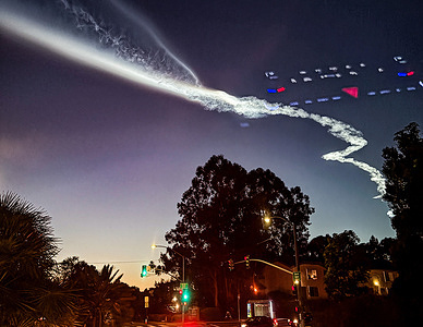 SpaceX Falcon 9 rocket flies over the skies of San Diego area at night. SpaceX launched 28 Starling satellites from the Falcon 9 rocket at Vandenberg Space Force Base on September 28 and the rocket launches were visible across the Southern California.