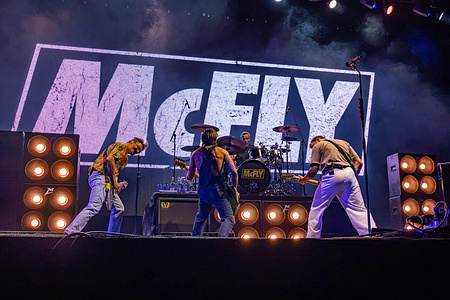 L-R Tom Fletcher, Dougie Poynter, Harry Judd and Danny Jones known as band Mcfly seen performing live during a concert. Mcfly headline Borde Hill Summer Series.