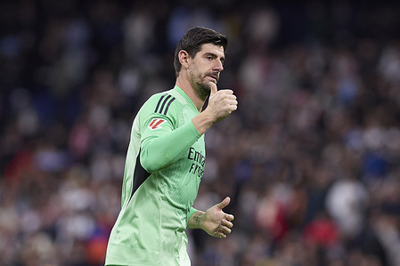 Thibaut Courtois of Real Madrid CF greetings the fans at the end of the LaLiga EA Sports 2025/2026 week 20 football match between Real Madrid CF and Levante UD at Santiago Bernabeu Stadium. Final score: Real Madrid CF 2:0 Levante UD.