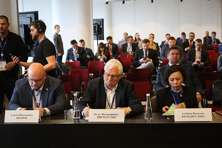 Bulat Nigmatulin (C), CEO of the Institute of Energy Problems, attends a session on Russia-Kazakhstan business dialogue: a partnership in gas industry 4.0 in the framework of the St. Petersburg International Gas Forum 2022 (SPIGF 2022). St. Petersburg International Gas Forum (SPIGF) is the top 5 biggest convention and exhibition project that aims to outline strategies and plans for further development of the oil and gas industry. This year, SPIGF has 700 speakers from 20 countries who will host more than 80 events. This year is their 11th run of SPIGF, which started in 2011.