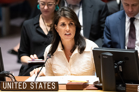 Nikki Haley, United States Ambassador to the United Nations speaking at the United Nations Security Council.
The UN security council discussed the ongoing violence between Israeli forces and Gaza protesters at the border area between Israel and the Gaza strip.
