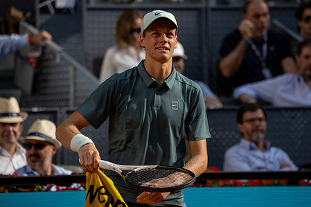 Jannik Sinner of Italy in action during the Mutua Madrid Open tennis tournament in Madrid, playing against Benjamin Bonzi of France. Victory of Jannik Sinner, 6-7, 6-1, 6-4