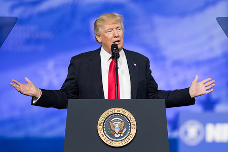 President Donald Trump speaking at the American Conservative Union's 2017 Conservative Political Action Conference (CPAC).