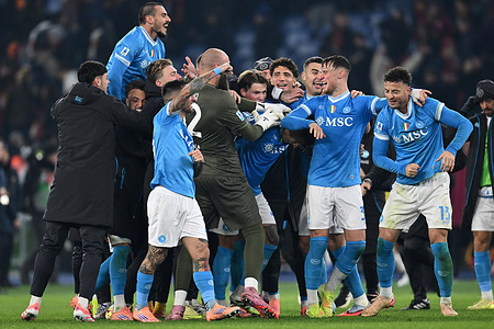 Napoli team celebrate the win at the end of the Serie A match between AS Roma and Napoli at Stadio Olimpico. The final score AS Roma 0 : 1 Napoli