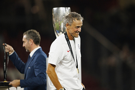 Head Coach Luis Enrique (Paris Saint-Germain) celebrates after winning UEFA Super Cup 2026 game between Paris Saint-Germain and Aston Villa at Red Bull Arena. Final scores; PSG 2-1 Aston Villa.