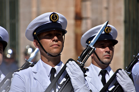 Officers of the Bataillon des Marins-Pompiers de Marseille (BMPM) in uniforms are seen during the ceremony. The helmet handover ceremony presided over by Mayor Benoît Payan took place at Place Bargemon in front of Marseille Town Hall. 31 students from the school of firefighters of the Navy formalised their operational integration into the Fire and Rescue Center (CIS) and the start of their career as quartermasters of the fleet.