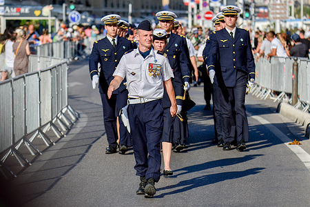 Representatives of the Air Base 701 in Salon-de-Provence and the School of Air Force and Space parade at the Old Port of Marseille during the National Day military parade. Military parade at the Old Port of Marseille on the occasion of the National Day military ceremony.