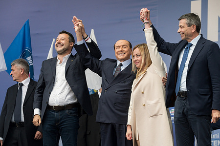 Matteo Salvini (L2) of Lega (The League) party, Silvio Berlusconi (C) of Forza Italia party, Giorgia Meloni (R2) of Fratelli d'Italia party and Maurizio Lupi (R) of Noi Moderati party attend the political rally in Piazza del Popolo in Rome. Leaders of the center-right coalition gathered together in Piazza del Popolo in Rome for the "Insieme per l'Italia" political rally before the National Elections on 25 September 2022.