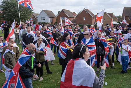Far-right demonstrators listen to speeches near the Acacia Court. Around hundred people gathered for an anti-immigration demonstration which was organised by locals near the Acacia Court. The Acacia Court is a reception center for unaccompanied asylum-seeking children.